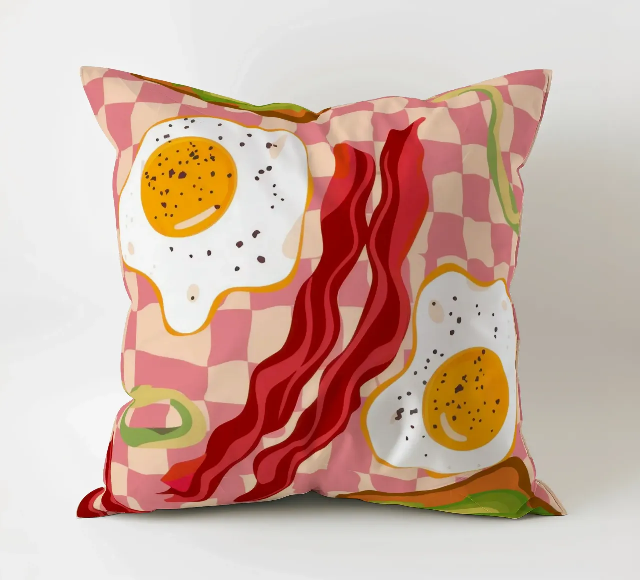 Uova e pancetta a scacchi cuscino da Lyra Glaze