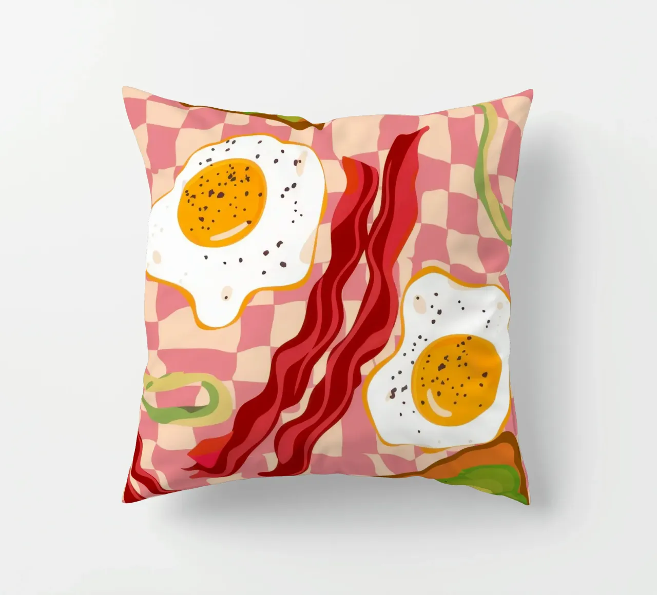 Uova e pancetta a scacchi cuscino da Lyra Glaze