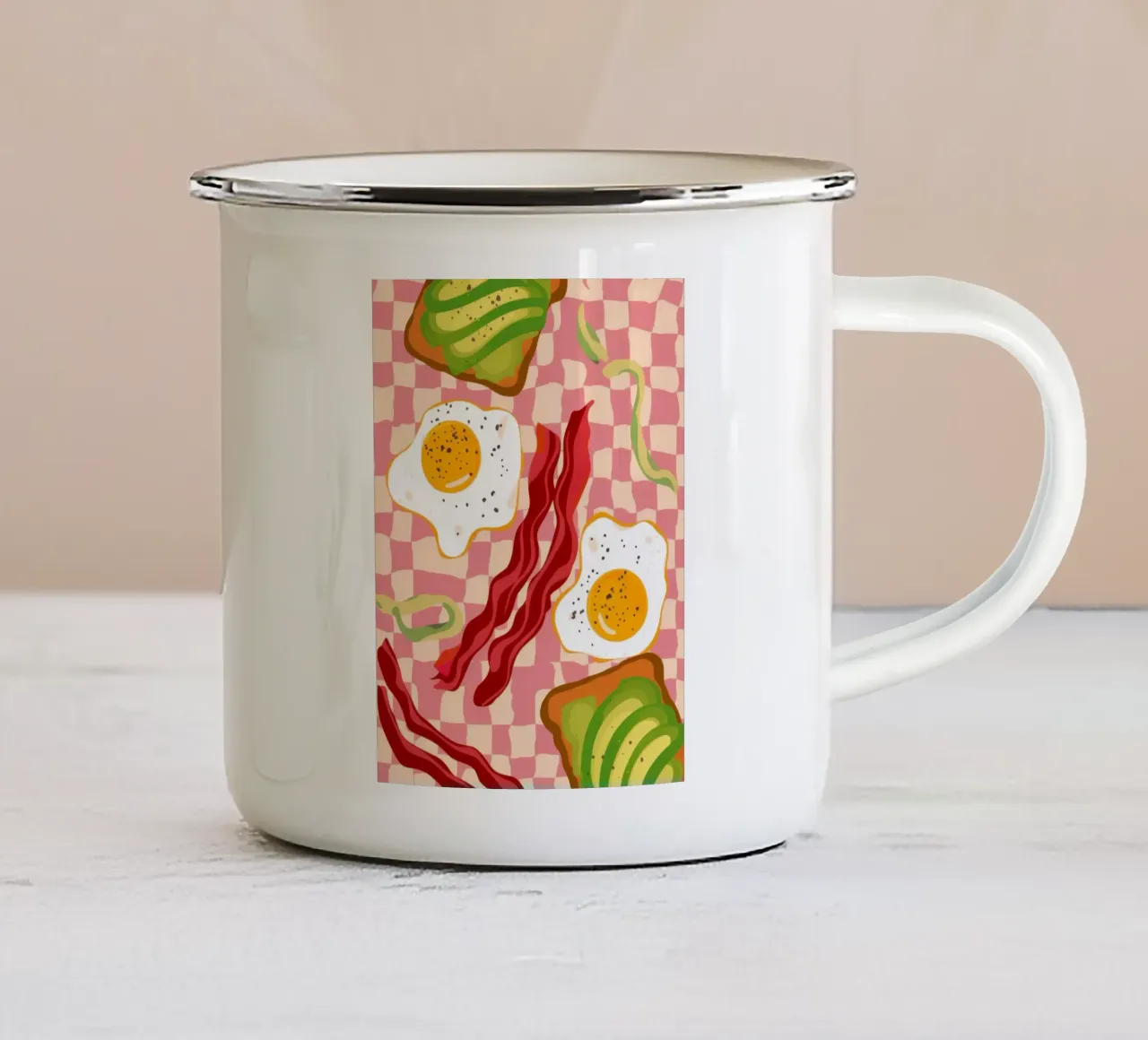 Uova e pancetta a scacchi tazza in smalto da Lyra Glaze