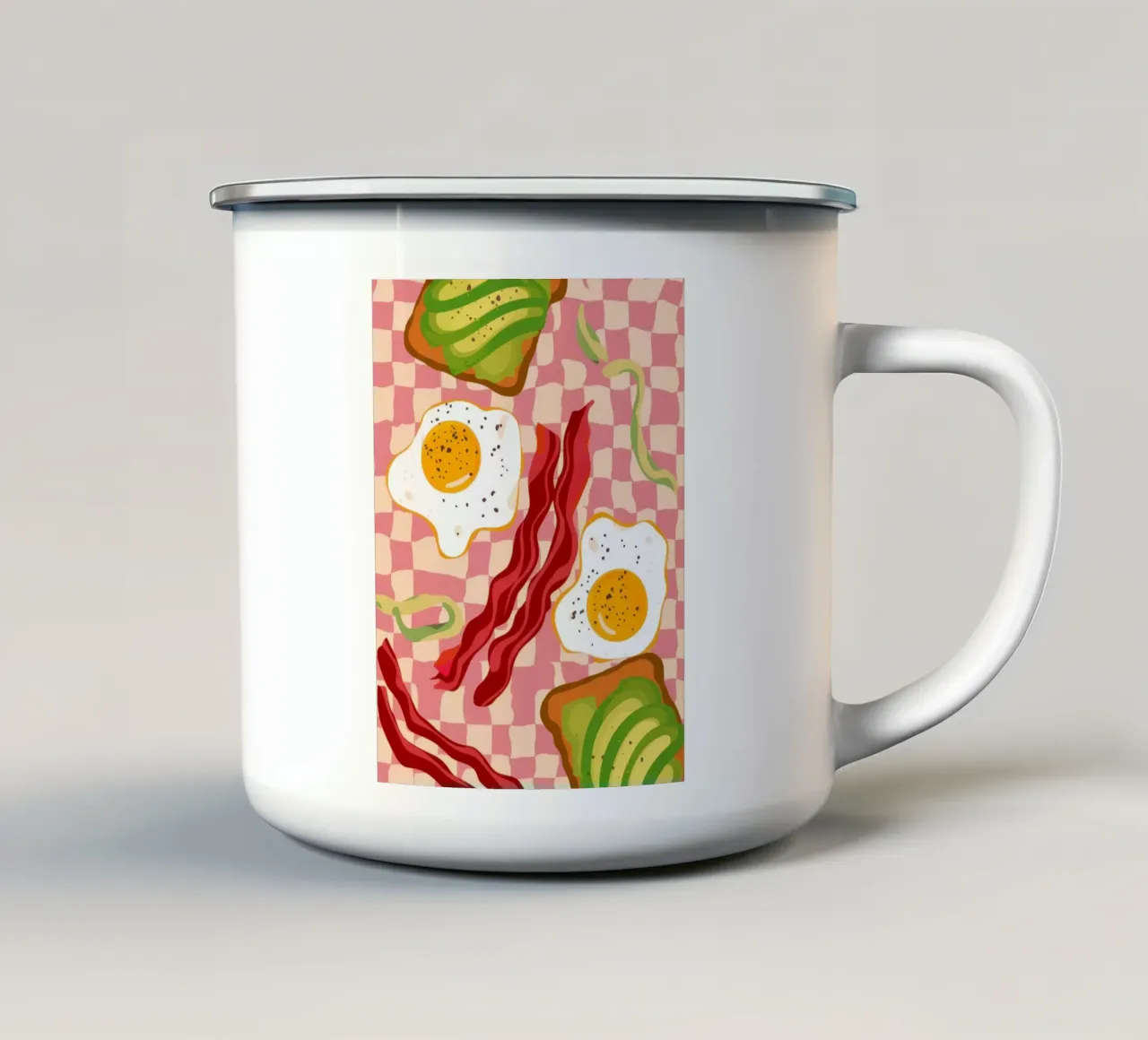 Uova e pancetta a scacchi tazza in smalto da Lyra Glaze