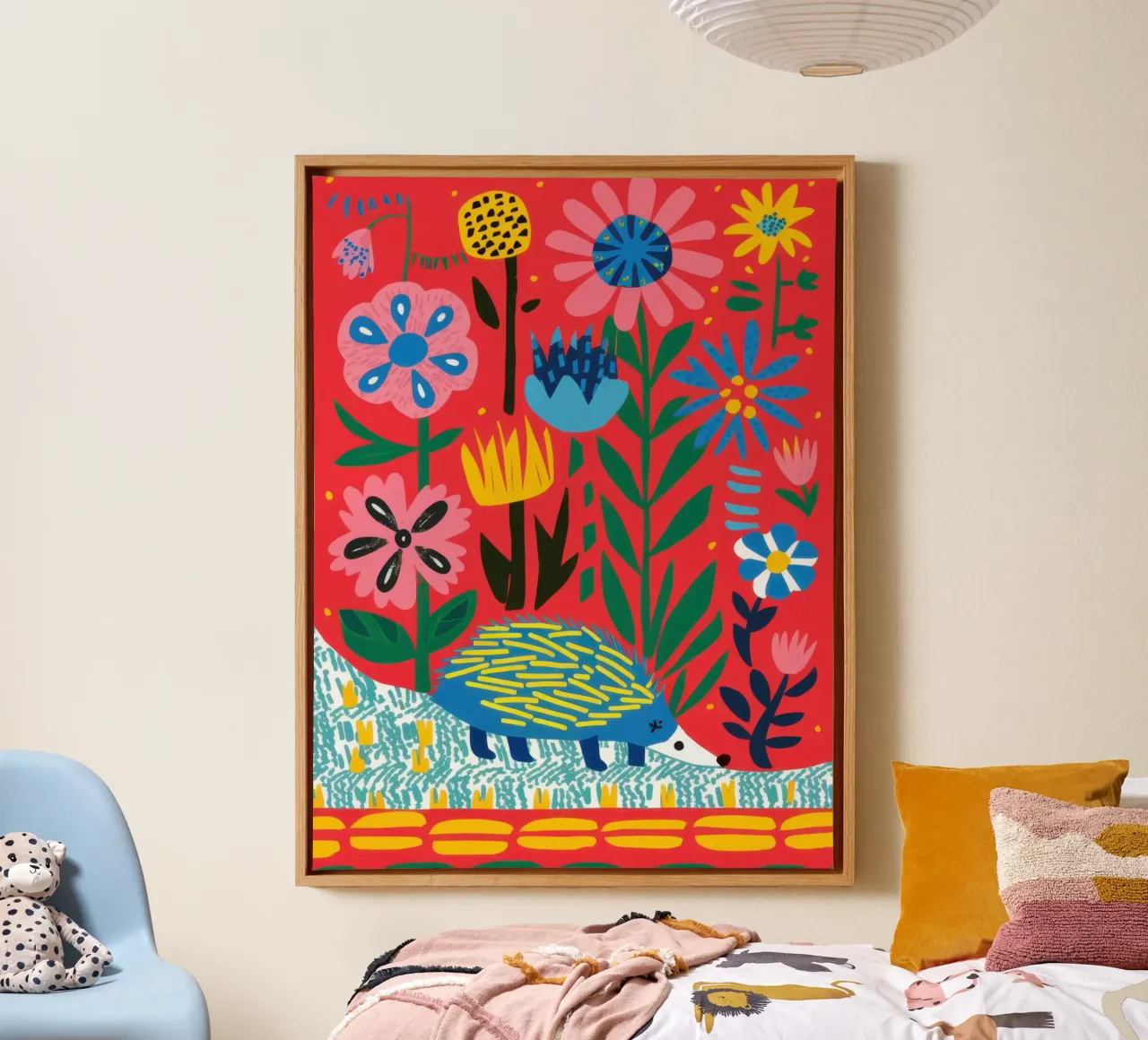 Hedgehog in Poppies canvas with Floater frame by Lyra Glaze