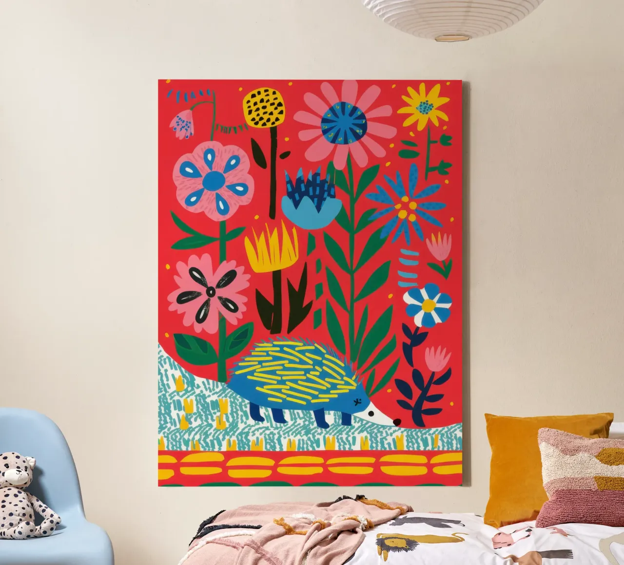 Hedgehog in Poppies canvas with Floater frame by Lyra Glaze