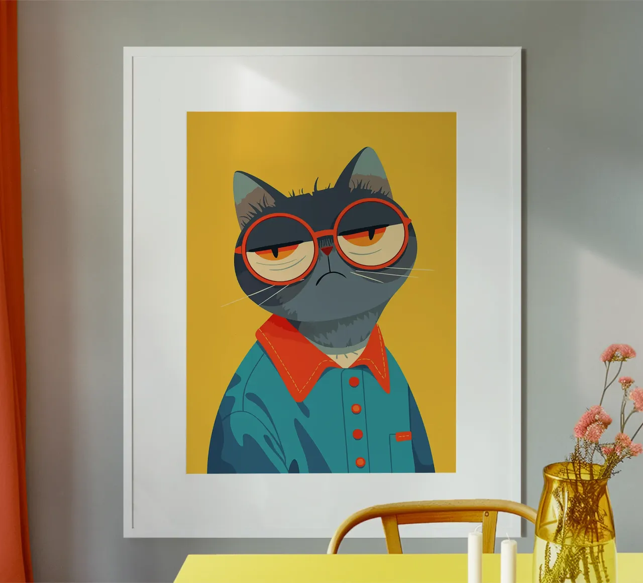 gatto occhiali camicia arancione occhiali camicia blu poster con telaio in alluminio da Lukas Hoffmann