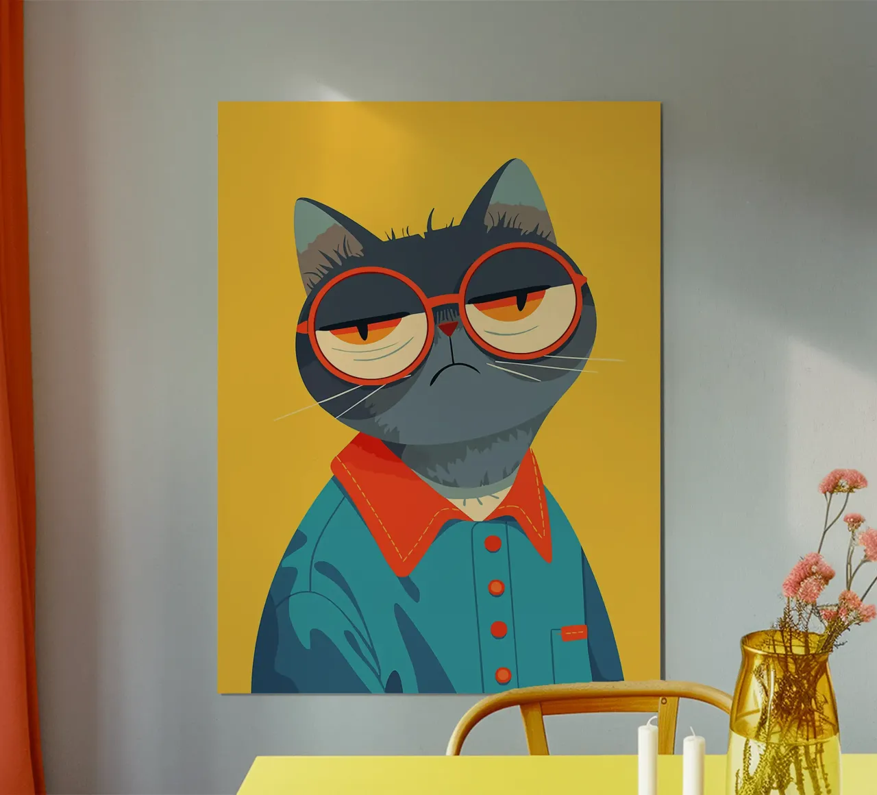 gatto occhiali camicia arancione occhiali camicia blu poster con telaio in alluminio da Lukas Hoffmann