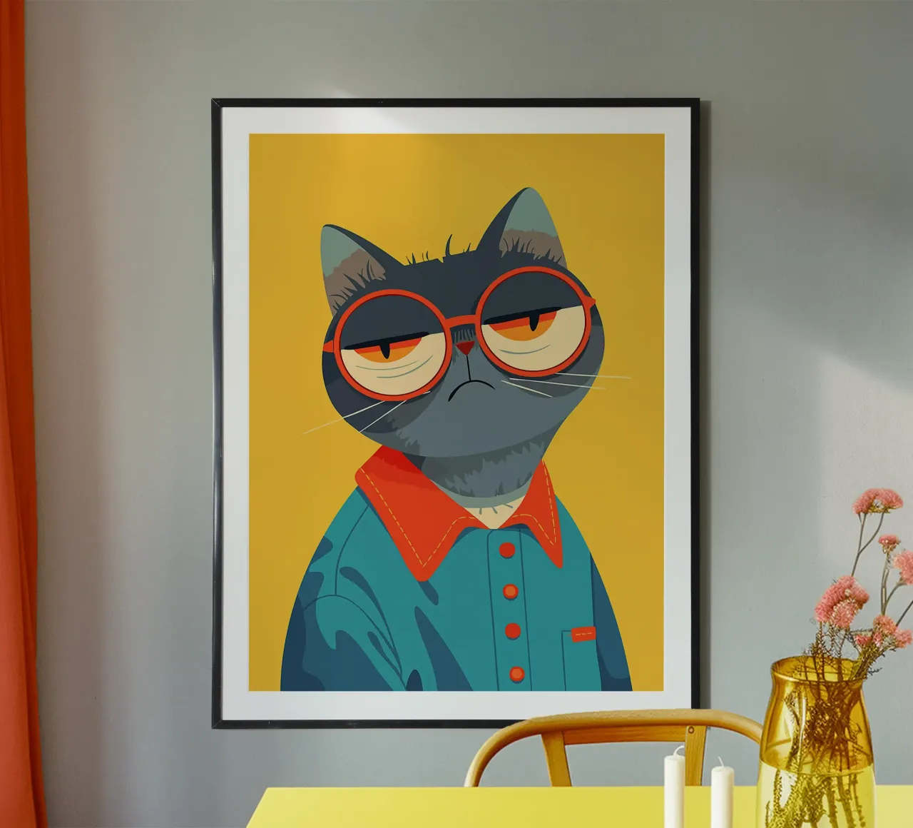 gatto occhiali camicia arancione occhiali camicia blu poster con telaio in alluminio da Lukas Hoffmann