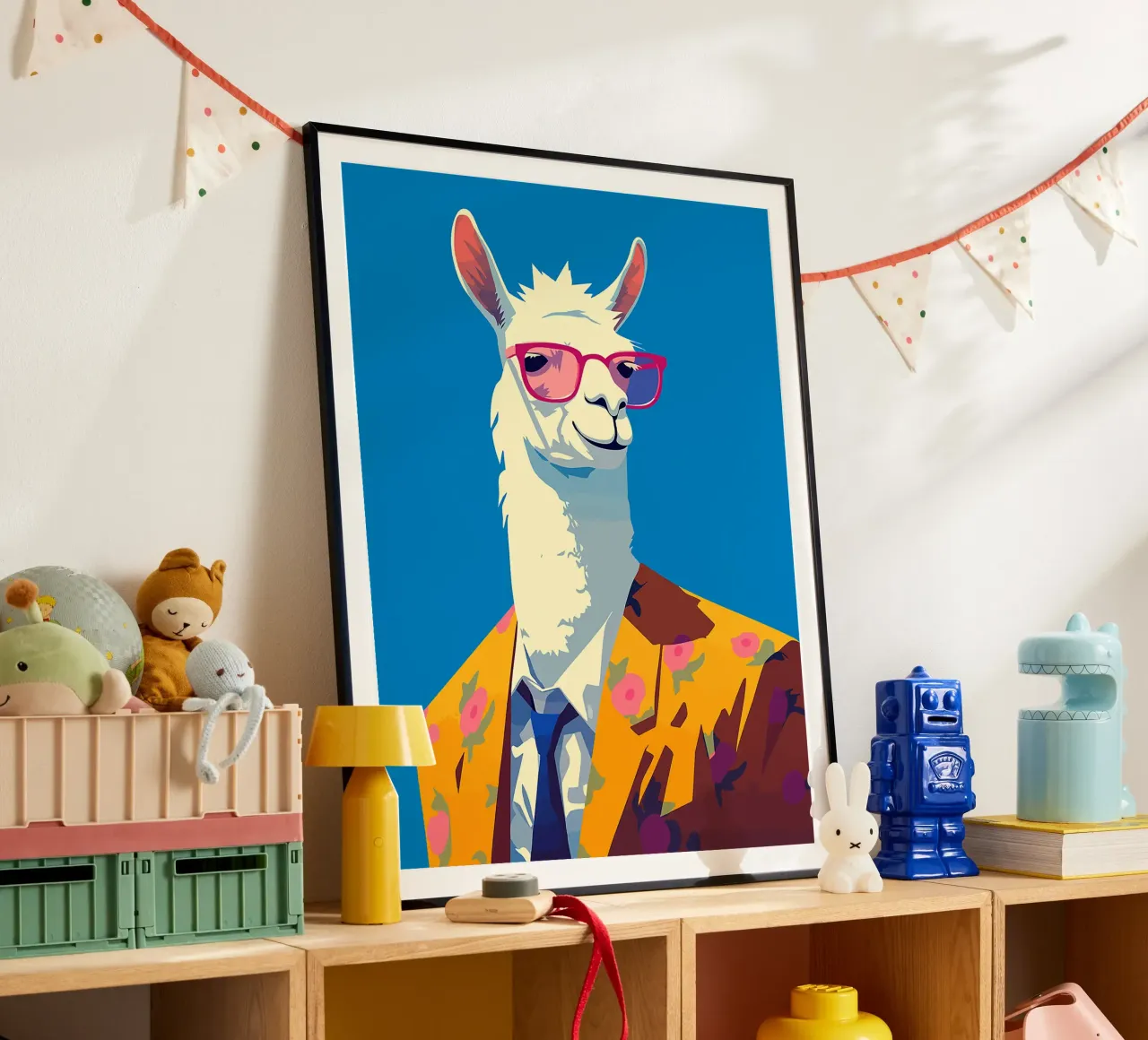 lama occhiali da sole blazer abito cravatta fiori poster con telaio in plastica da Lukas Hoffmann