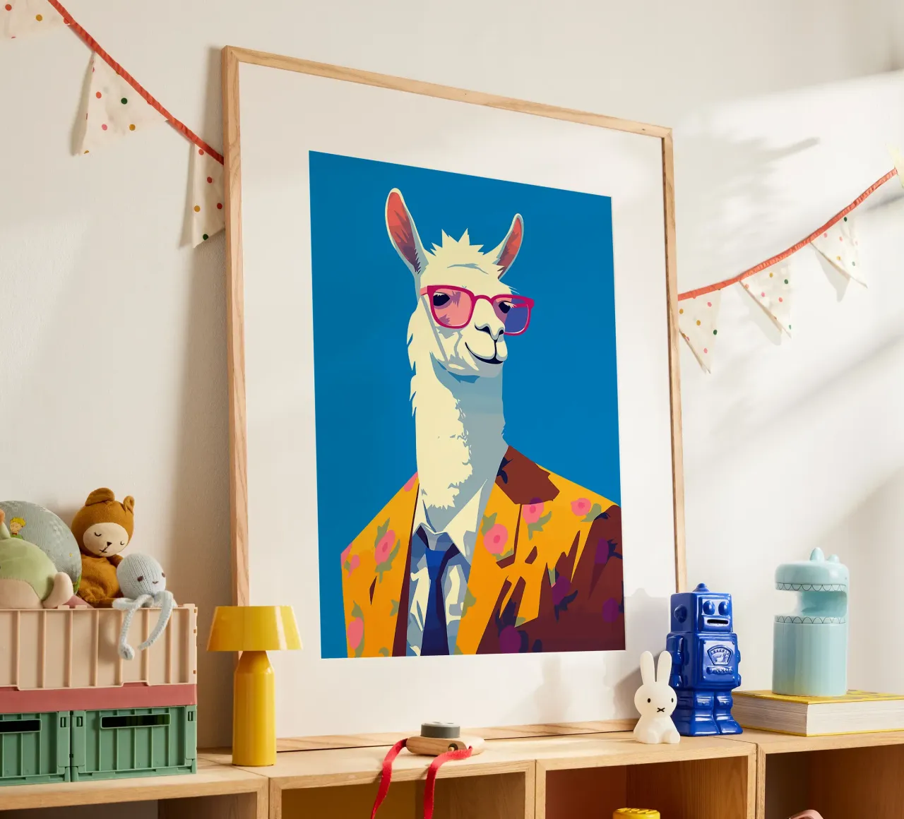 lama occhiali da sole blazer abito cravatta fiori poster con telaio in plastica da Lukas Hoffmann