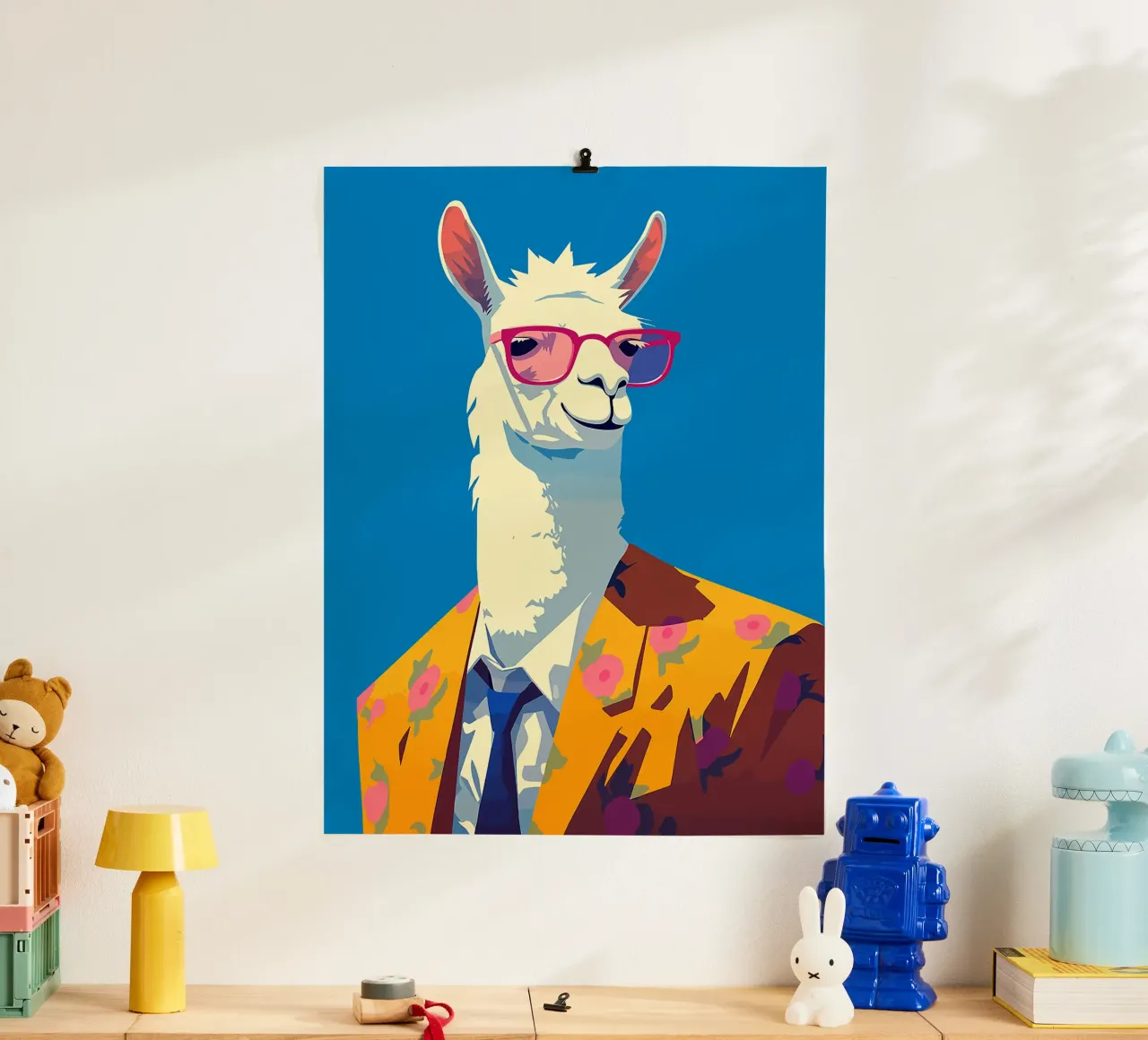 lama occhiali da sole blazer abito cravatta fiori poster con telaio in plastica da Lukas Hoffmann