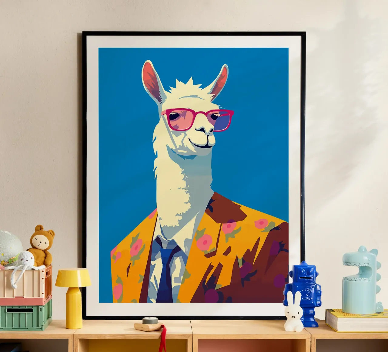 lama occhiali da sole blazer abito cravatta fiori poster con telaio in plastica da Lukas Hoffmann