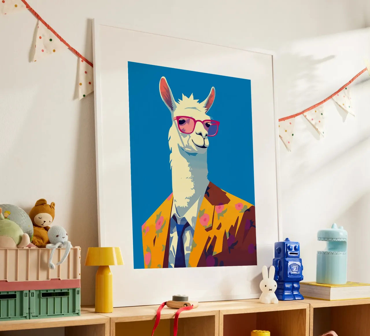 lama occhiali da sole blazer abito cravatta fiori poster con telaio in plastica da Lukas Hoffmann
