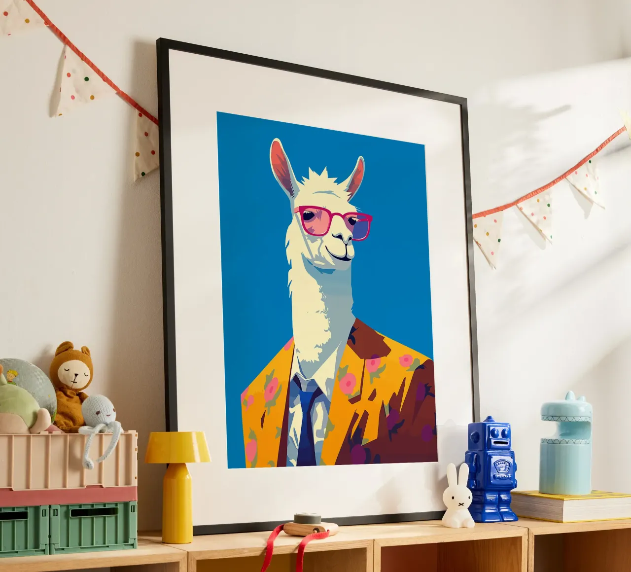 lama occhiali da sole blazer abito cravatta fiori poster con telaio in plastica da Lukas Hoffmann