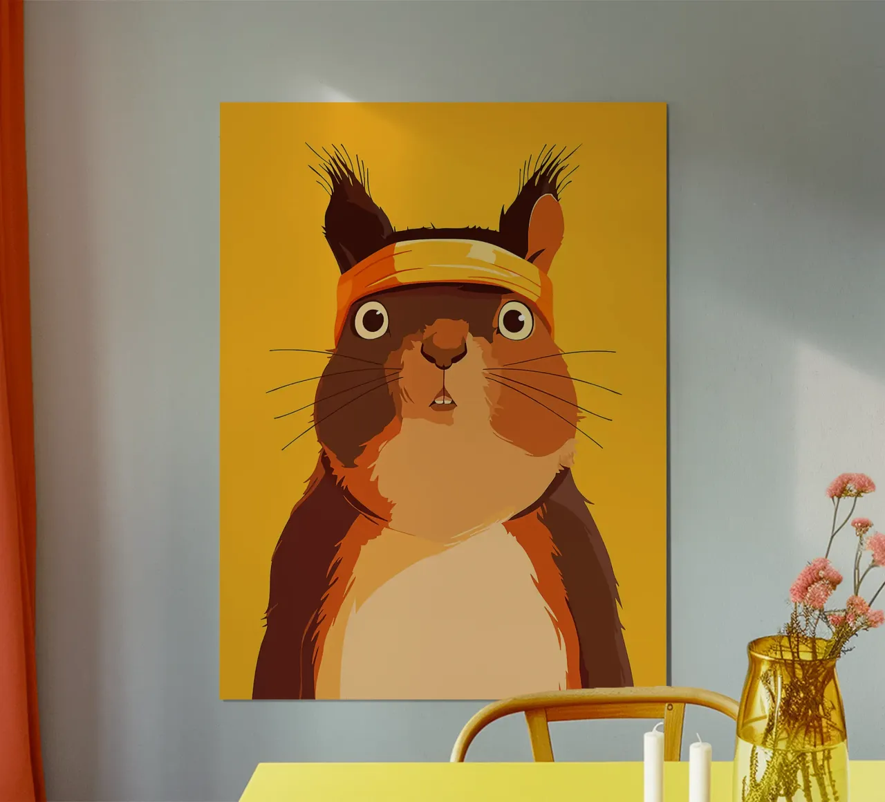 bandeau écureuil fond jaune mignon poster avec cadre en bois de Lukas Hoffmann