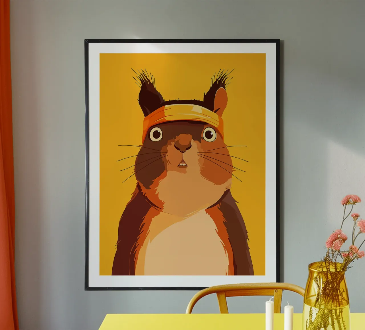 bandeau écureuil fond jaune mignon poster avec cadre en bois de Lukas Hoffmann