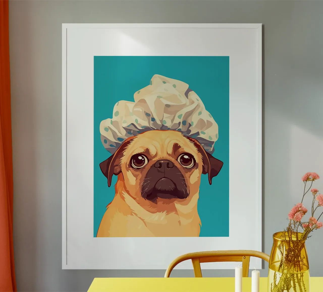 Cuffia doccia cane carlino sfondo blu poster con telaio in legno da Lukas Hoffmann