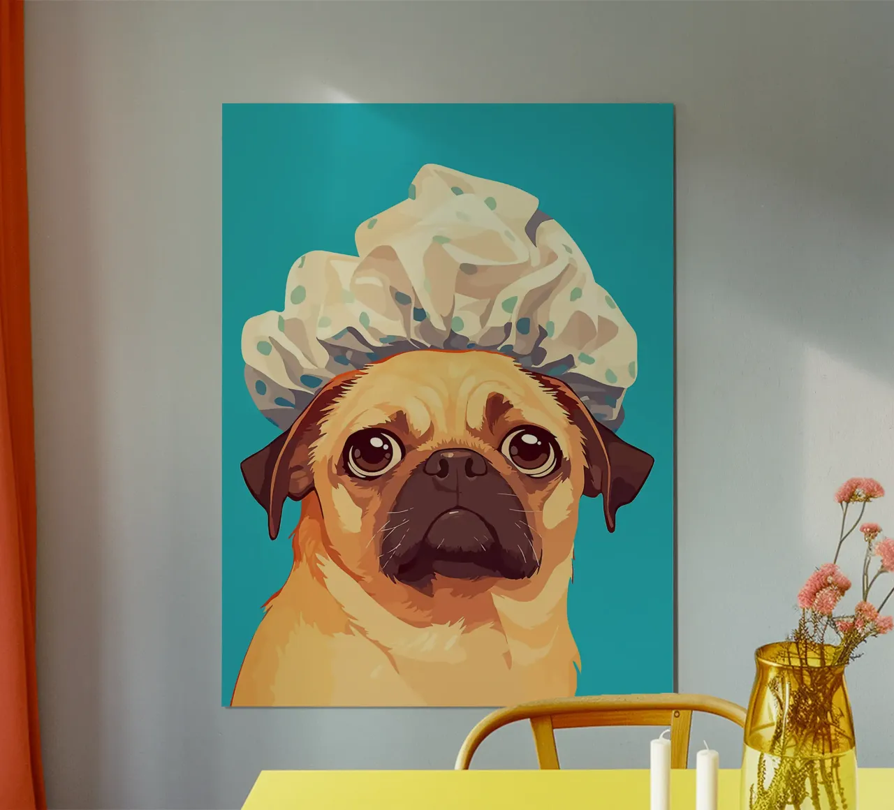 Cuffia doccia cane carlino sfondo blu poster con telaio in legno da Lukas Hoffmann
