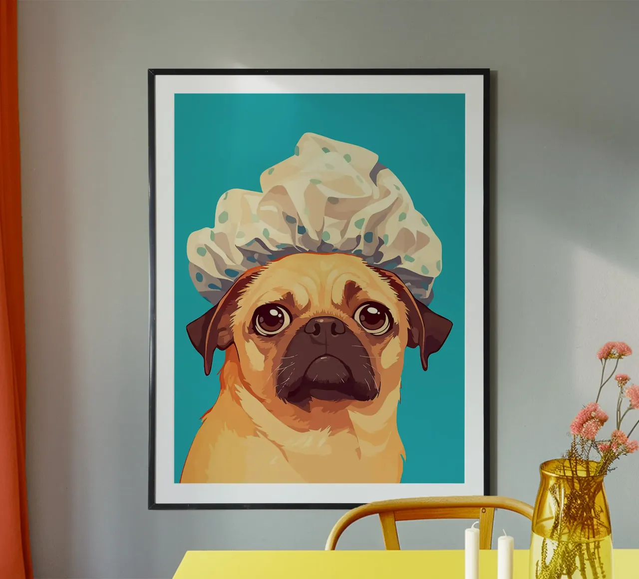 Cuffia doccia cane carlino sfondo blu poster con telaio in legno da Lukas Hoffmann