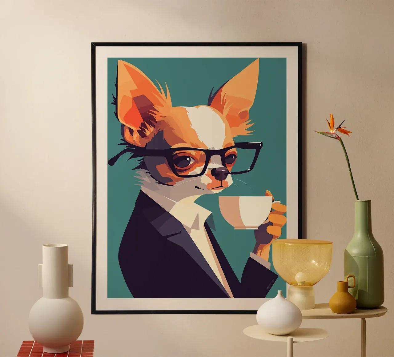 chihuahua cane occhiali vestito tazza di caffè carino poster con telaio in legno da Lukas Hoffmann