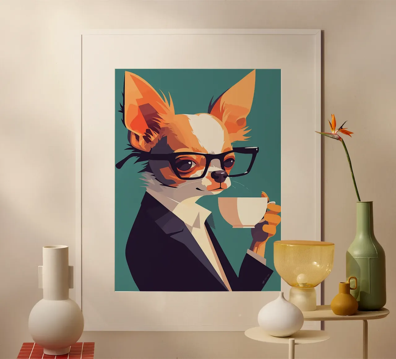chihuahua cane occhiali vestito tazza di caffè carino poster con telaio in legno da Lukas Hoffmann