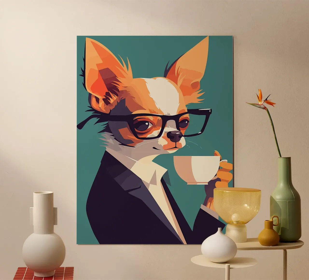 chihuahua cane occhiali vestito tazza di caffè carino poster con telaio in legno da Lukas Hoffmann