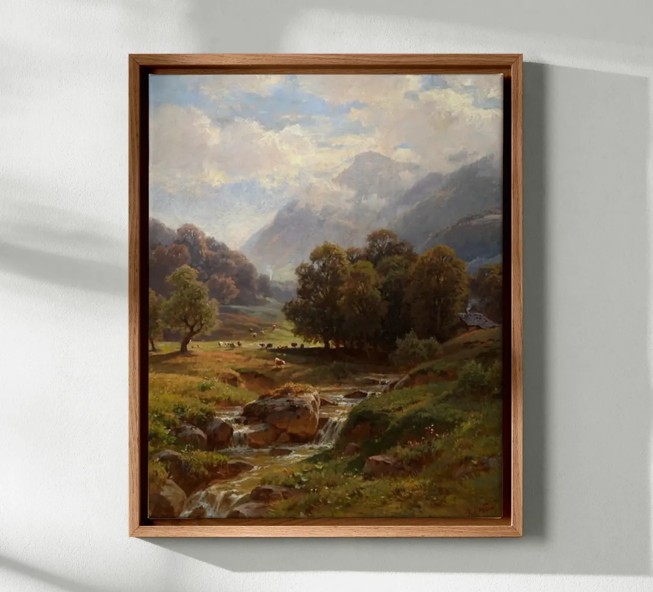 vee dat graast bij stromend rivierwater canvas met Baklijst van pleceng shope