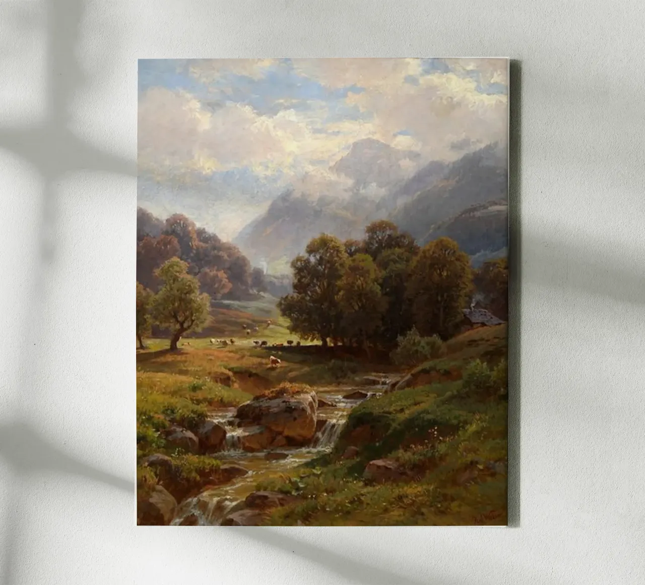 vee dat graast bij stromend rivierwater canvas met Baklijst van pleceng shope