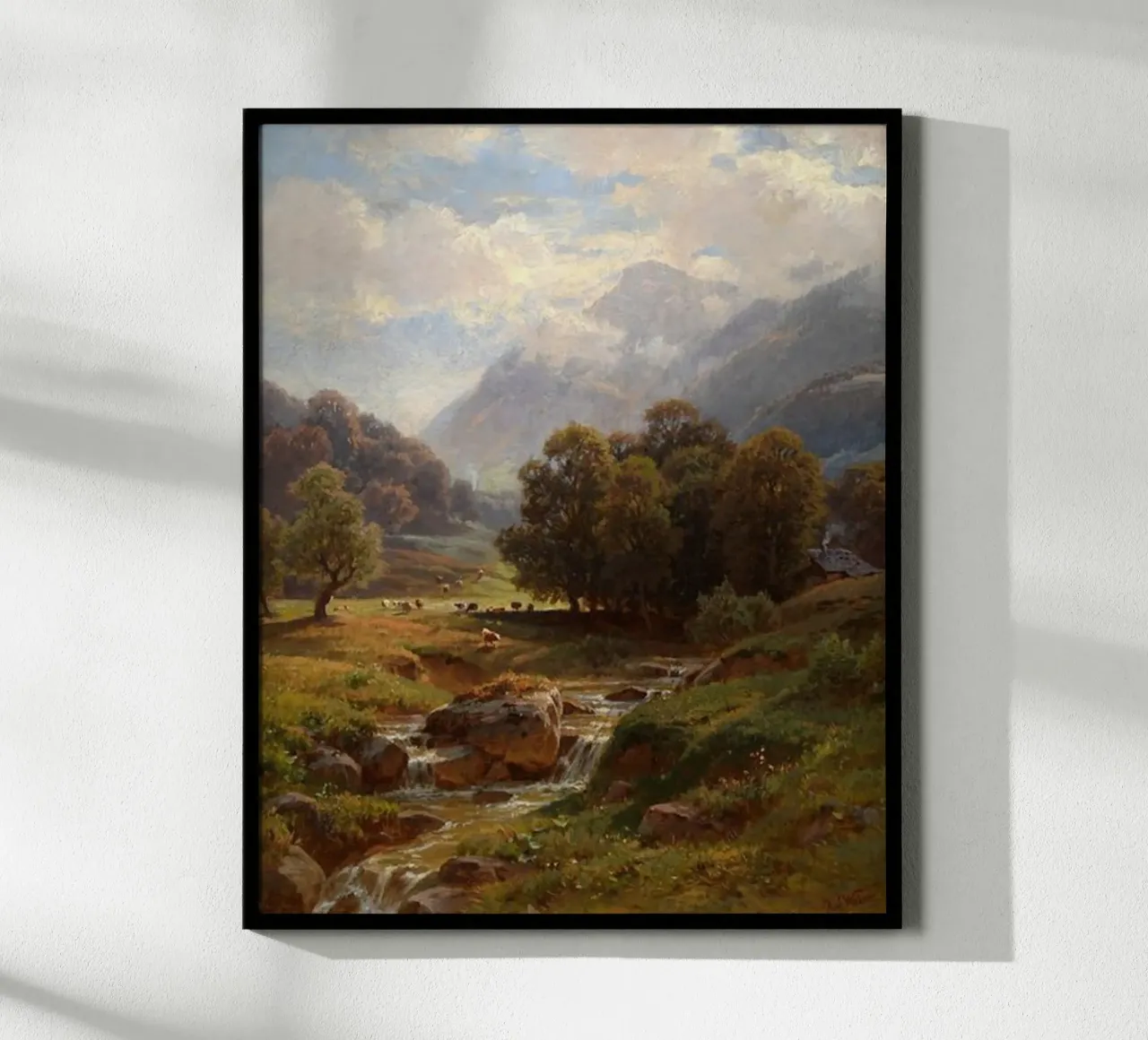 vee dat graast bij stromend rivierwater poster met aluminium frame van pleceng shope