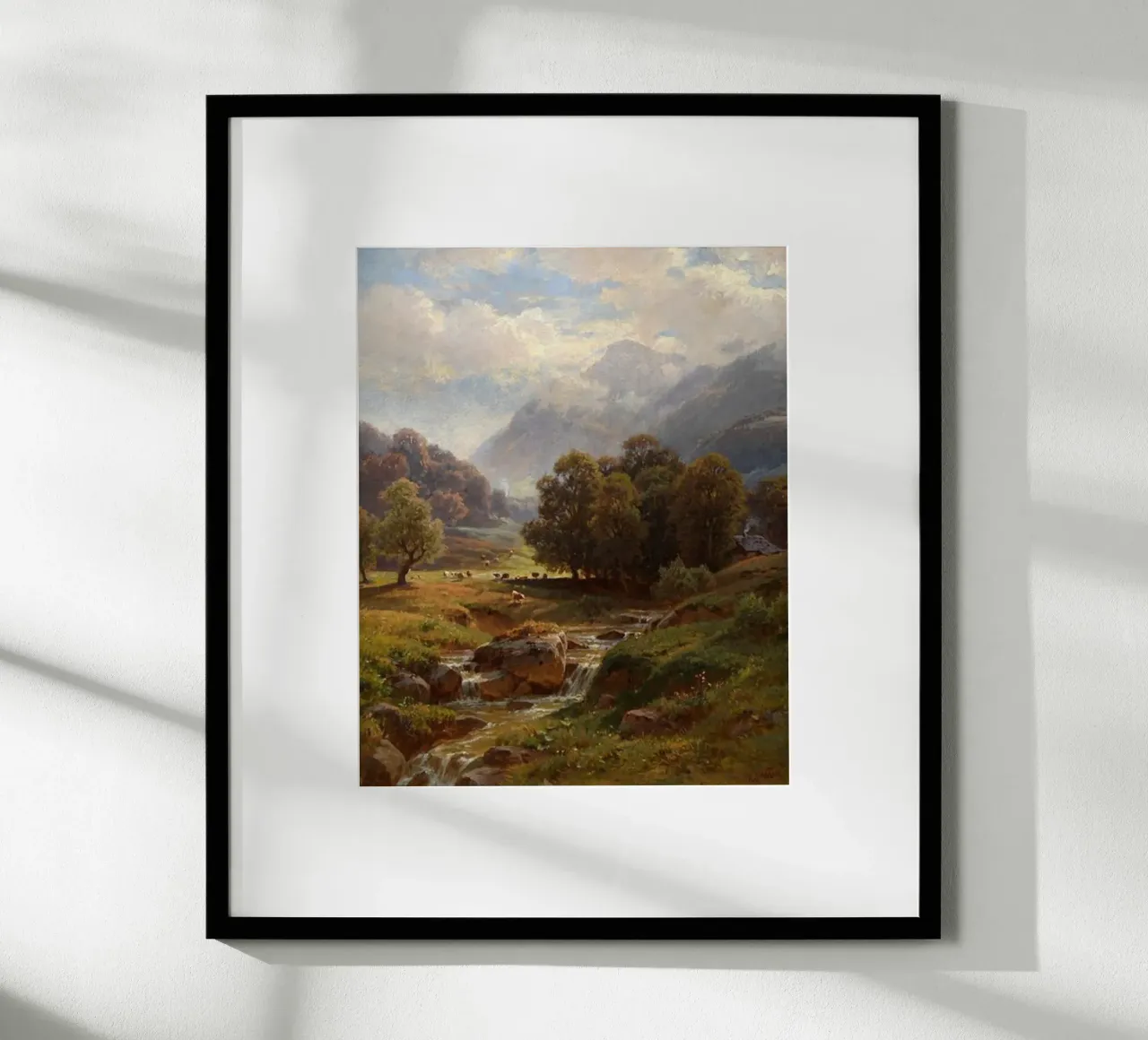 vee dat graast bij stromend rivierwater poster met aluminium frame van pleceng shope