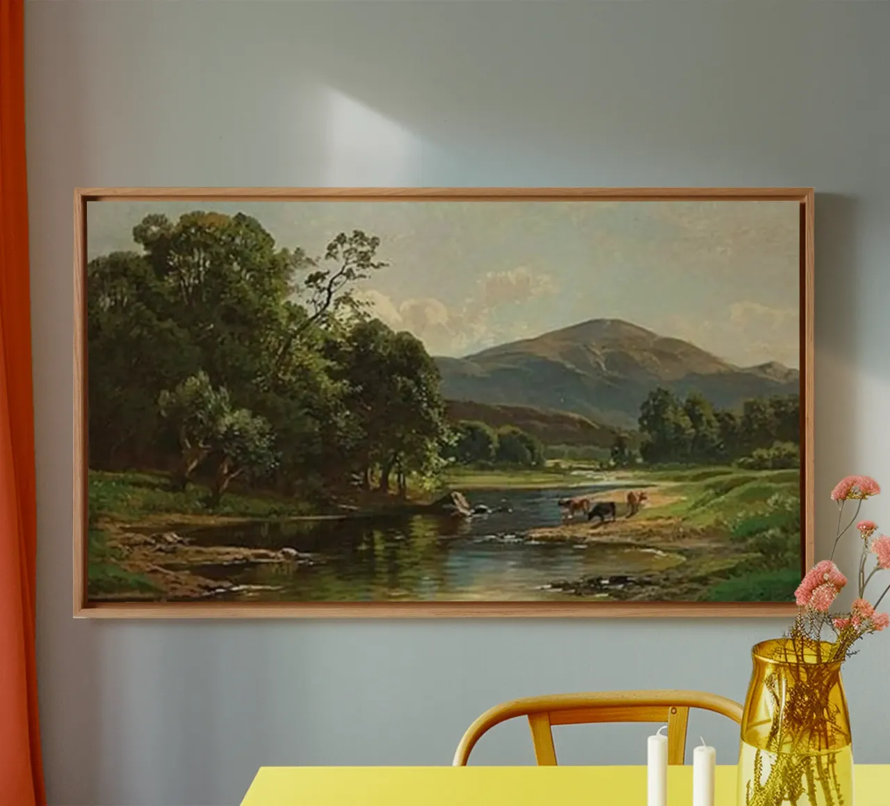 piccolo fiume vicino a splendide montagne tela con Cornice a cassetta da pleceng shope