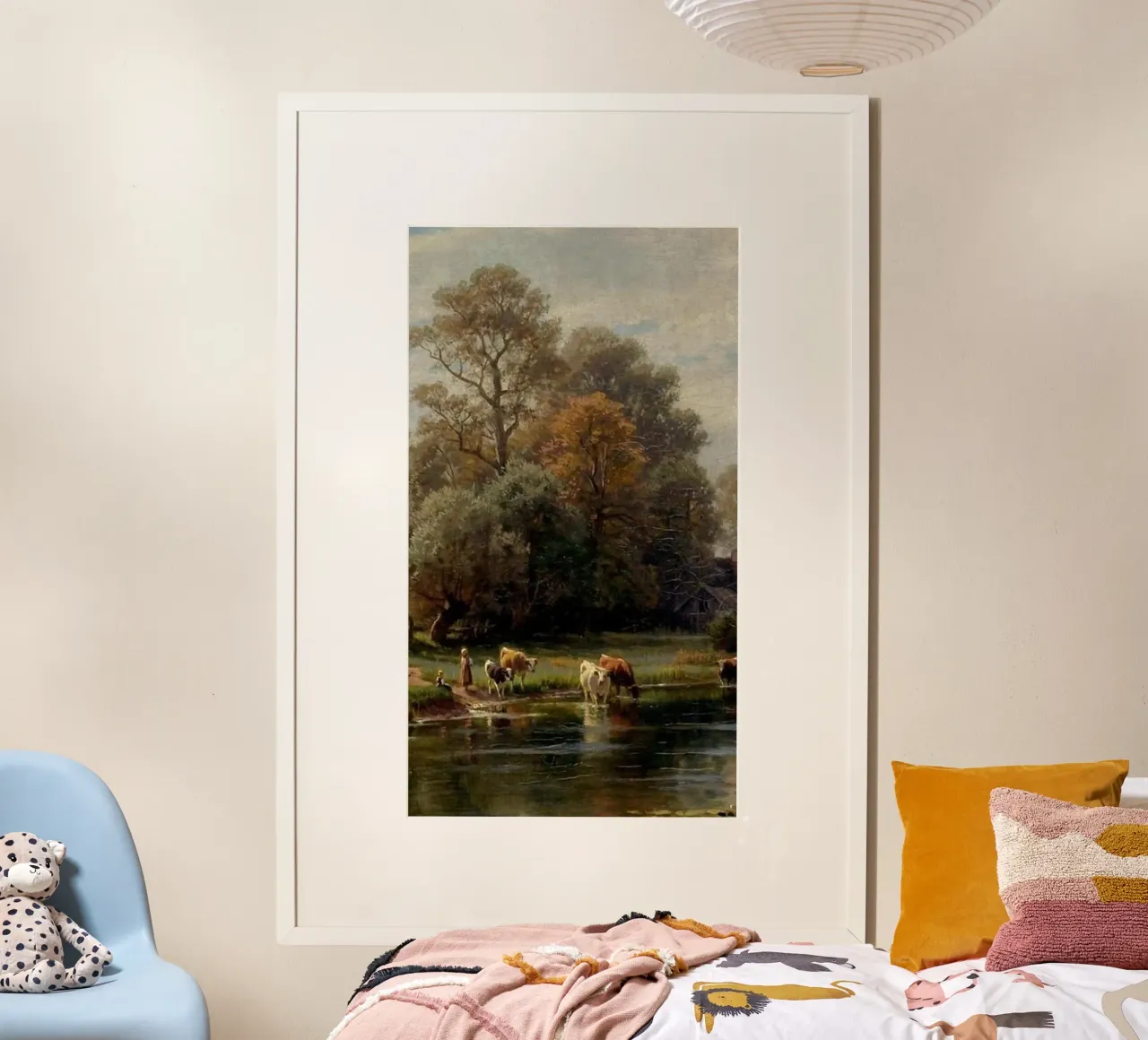 donna che pascola le mucche nel fiume poster con telaio in alluminio da pleceng shope