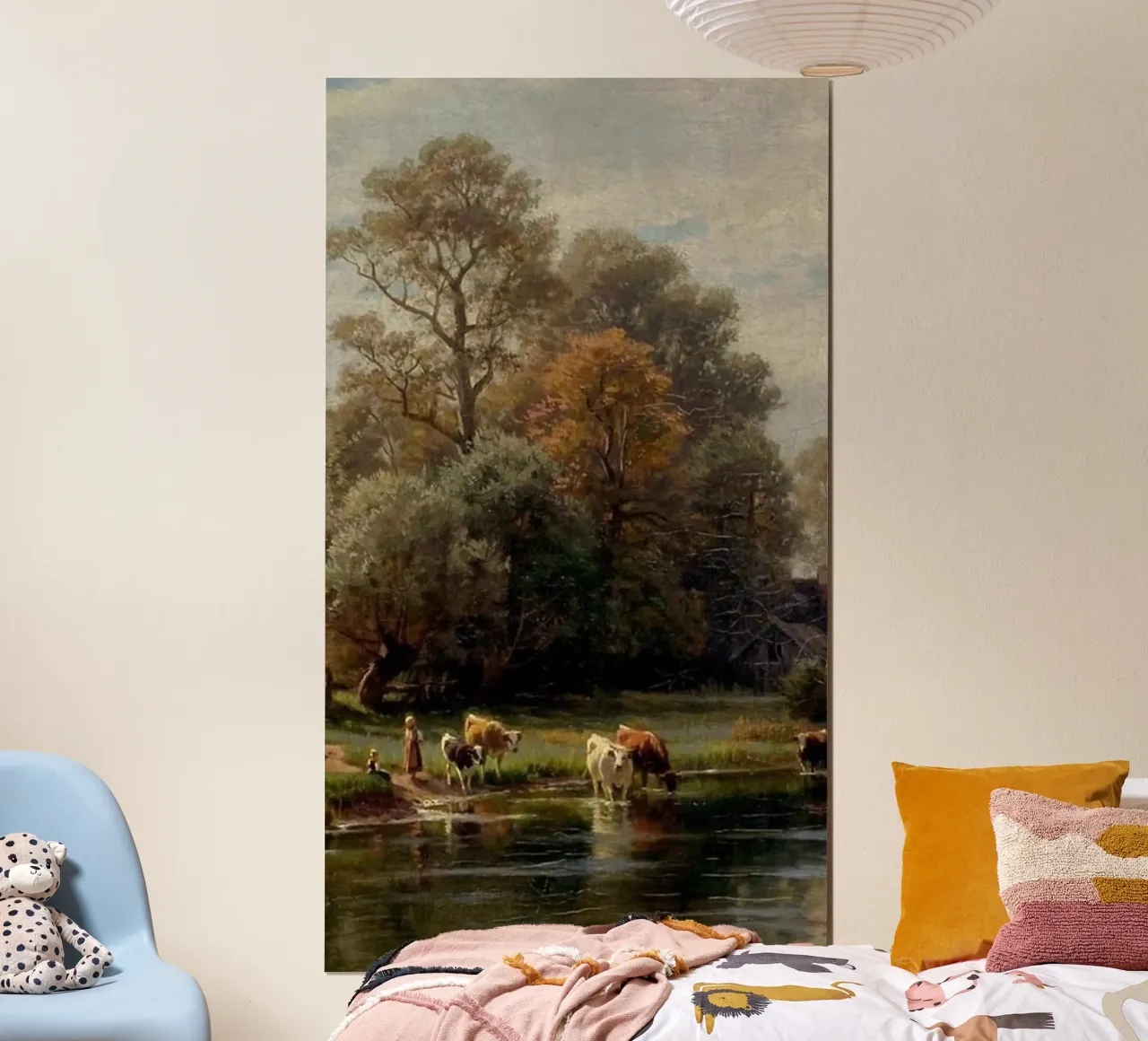 donna che pascola le mucche nel fiume poster con telaio in alluminio da pleceng shope