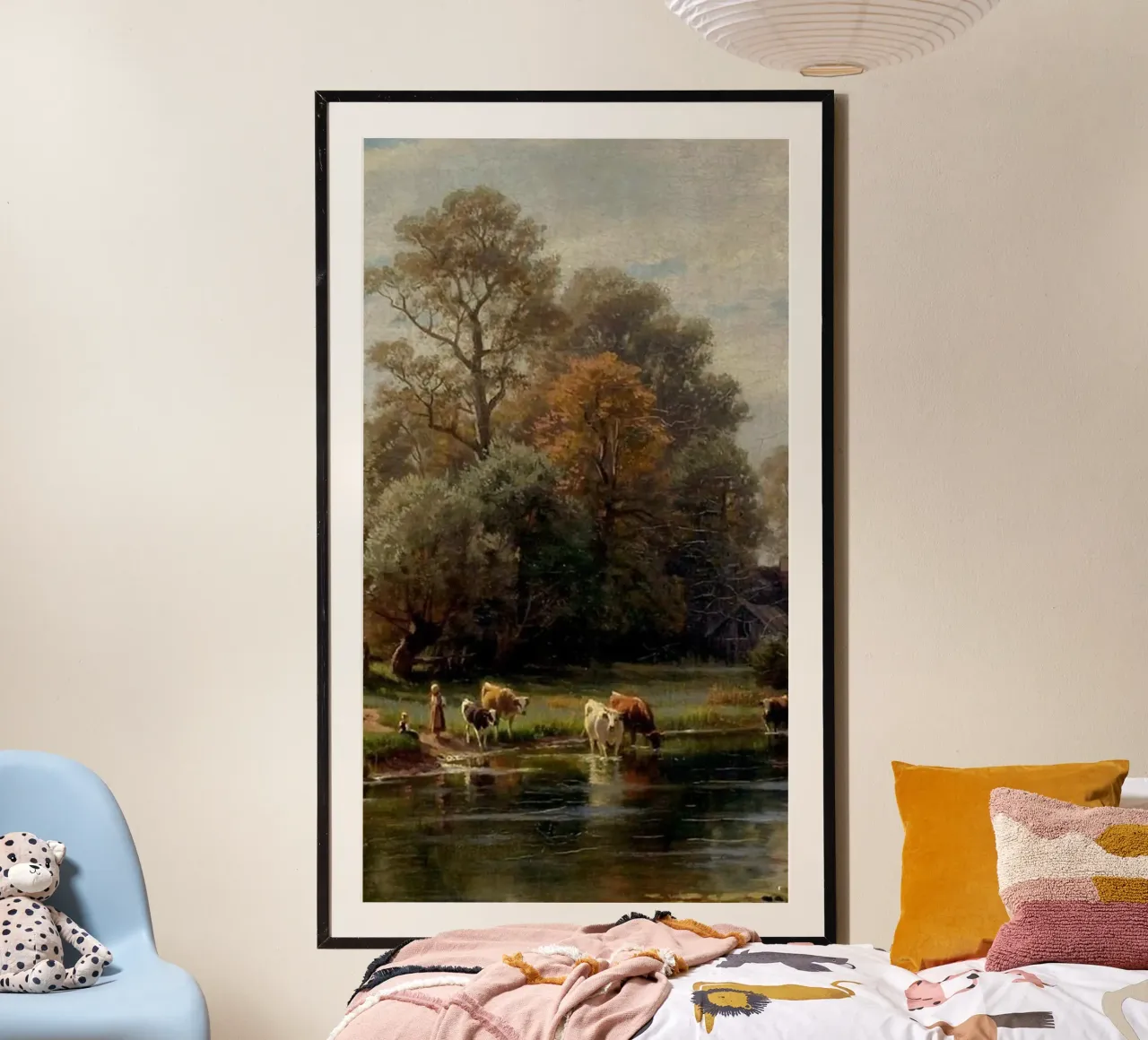 donna che pascola le mucche nel fiume poster con telaio in alluminio da pleceng shope