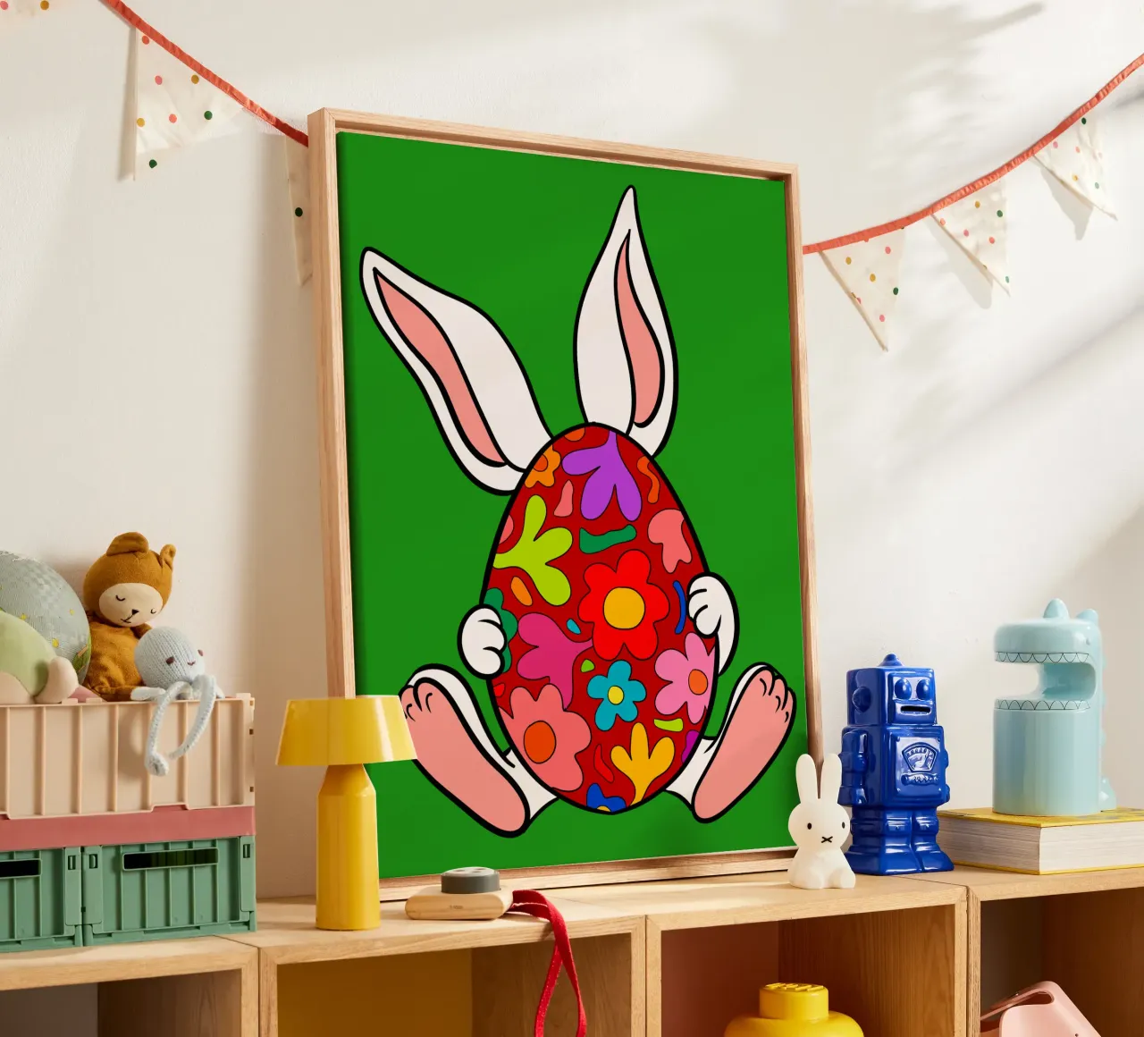 White bunny with red floral egg canvas met Baklijst van TijanaArtStudio88