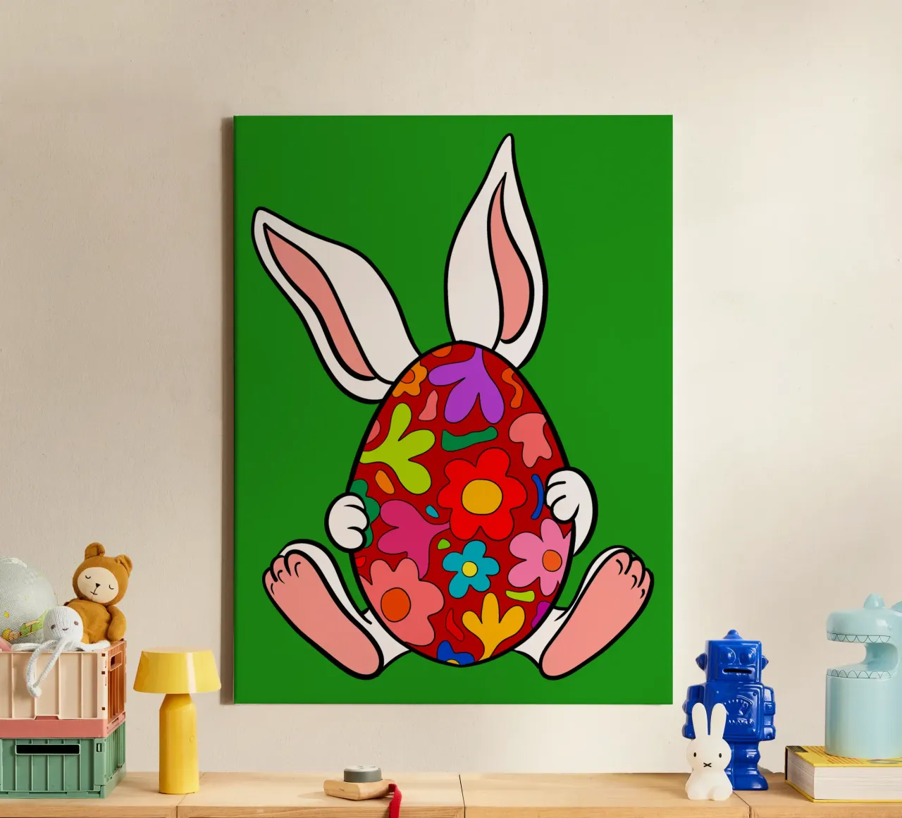 White bunny with red floral egg canvas met Baklijst van TijanaArtStudio88