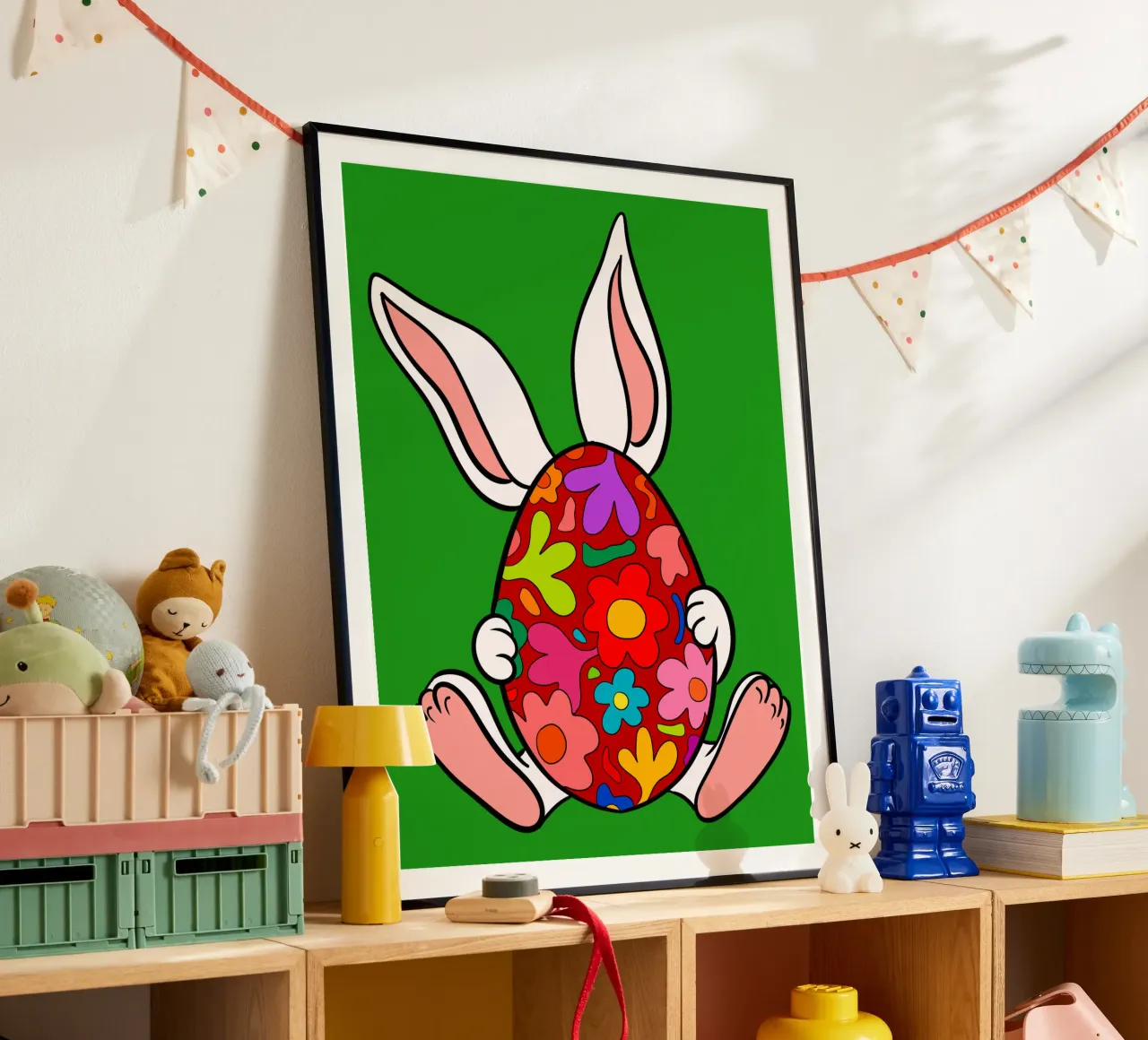 White bunny with red floral egg poster con telaio in legno da TijanaArtStudio88