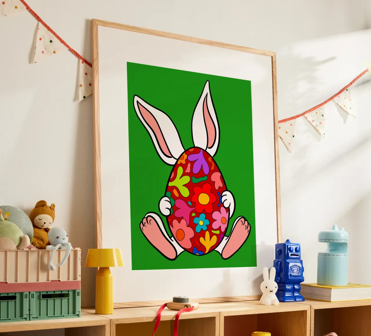 White bunny with red floral egg poster con telaio in legno da TijanaArtStudio88