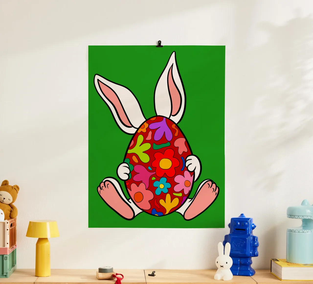 White bunny with red floral egg poster con telaio in legno da TijanaArtStudio88