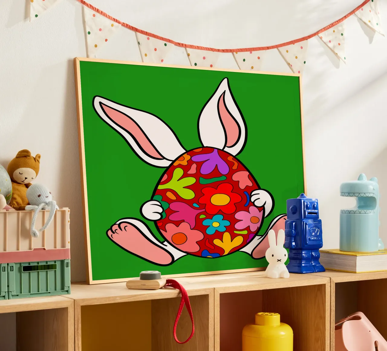 White bunny with red floral egg poster con telaio in legno da TijanaArtStudio88