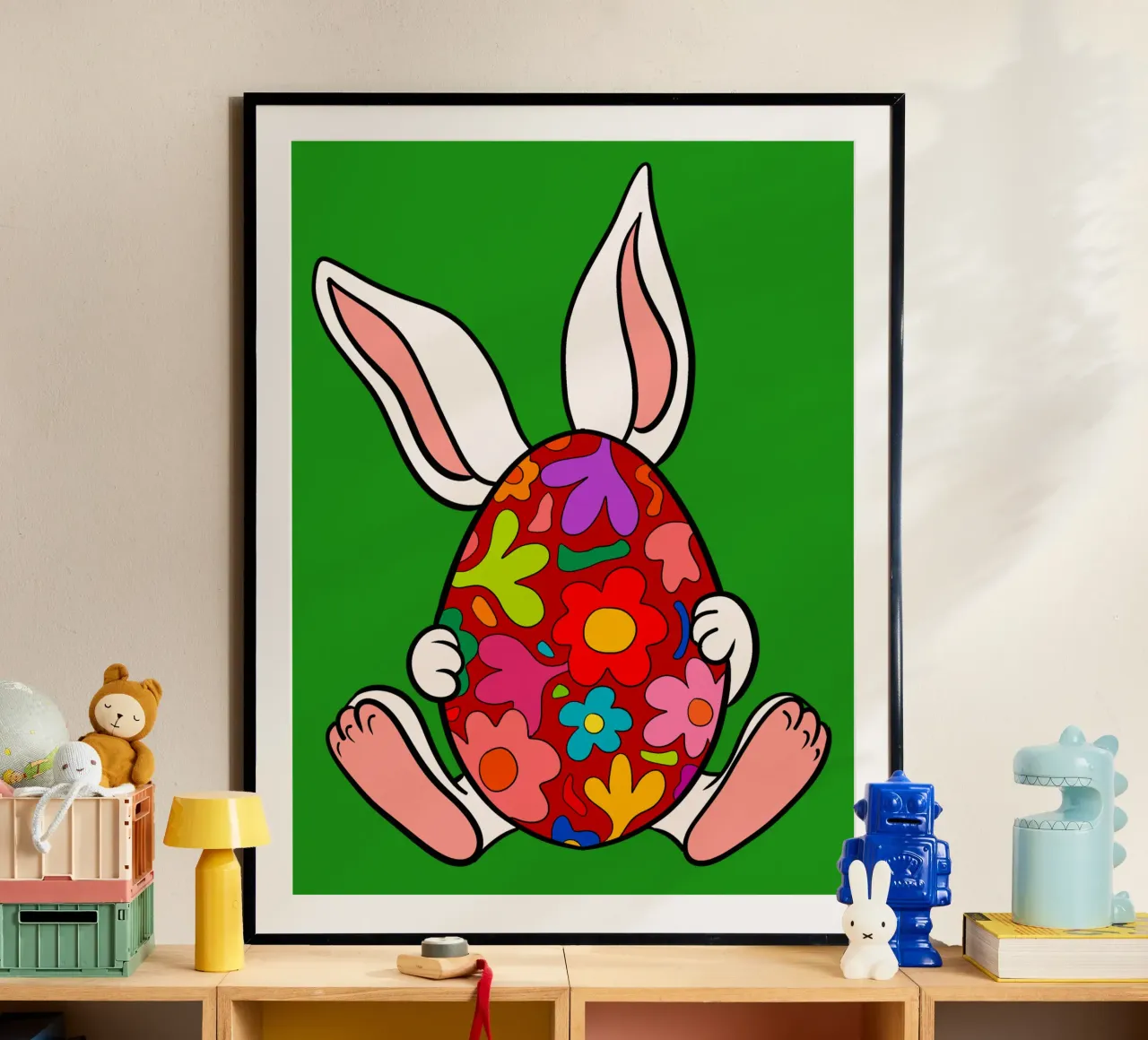 White bunny with red floral egg poster con telaio in legno da TijanaArtStudio88