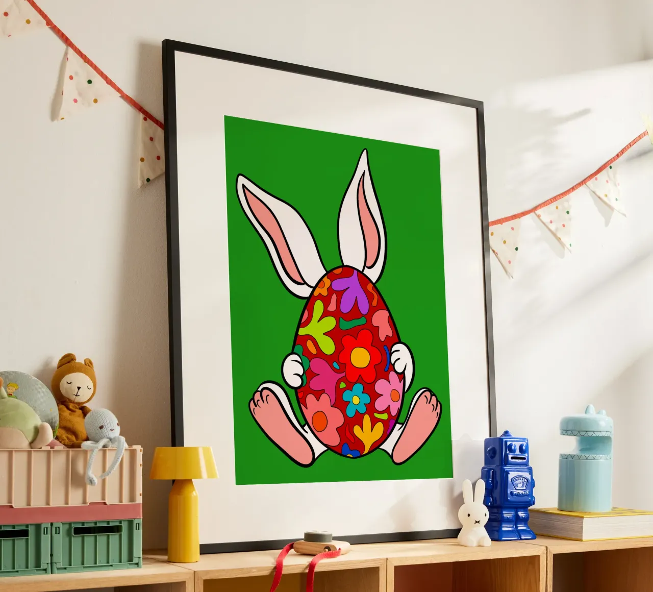 White bunny with red floral egg poster con telaio in legno da TijanaArtStudio88