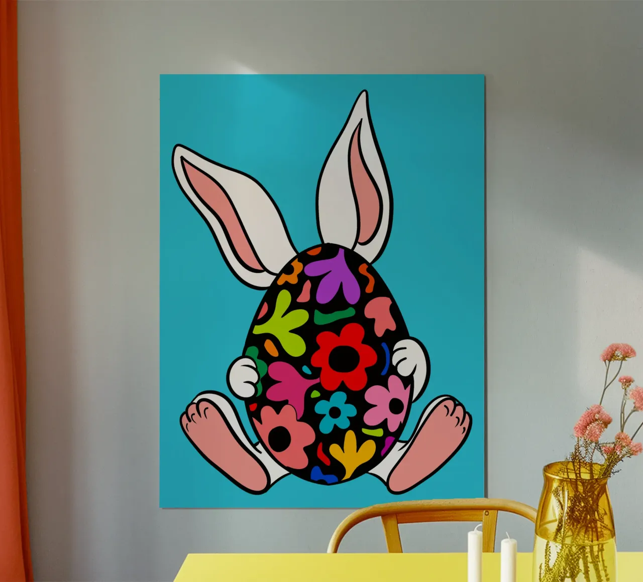 White bunny with black floral egg poster con telaio in legno da TijanaArtStudio88