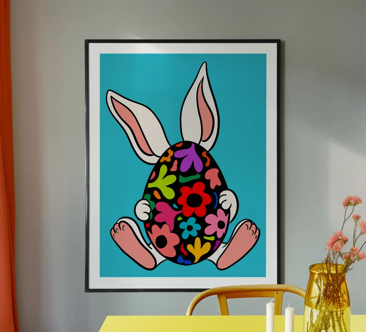 White bunny with black floral egg poster con telaio in legno da TijanaArtStudio88