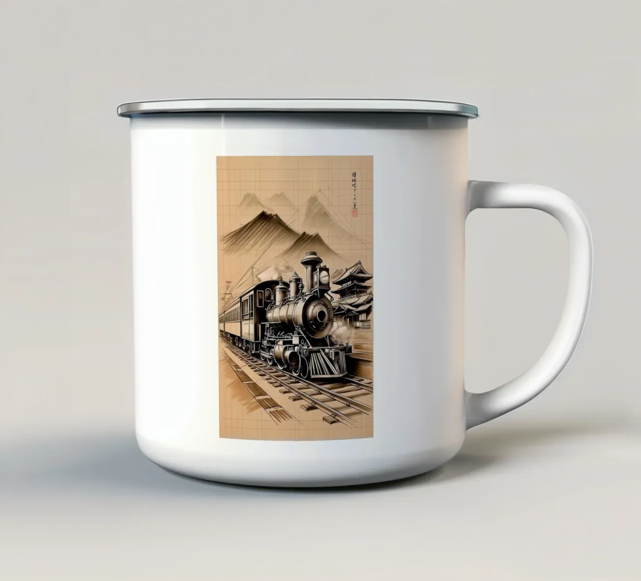 Train Old Style Pencil Sketch tazza in smalto da Jeff Studio