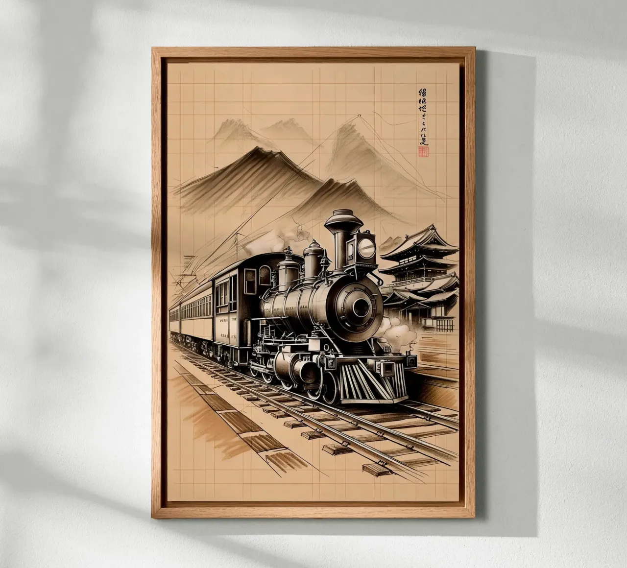 Train Old Style Pencil Sketch tela con Cornice a cassetta da Jeff Studio