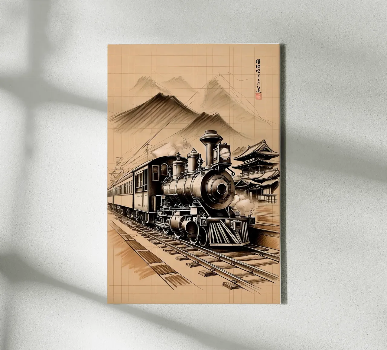 Train Old Style Pencil Sketch tela con Cornice a cassetta da Jeff Studio