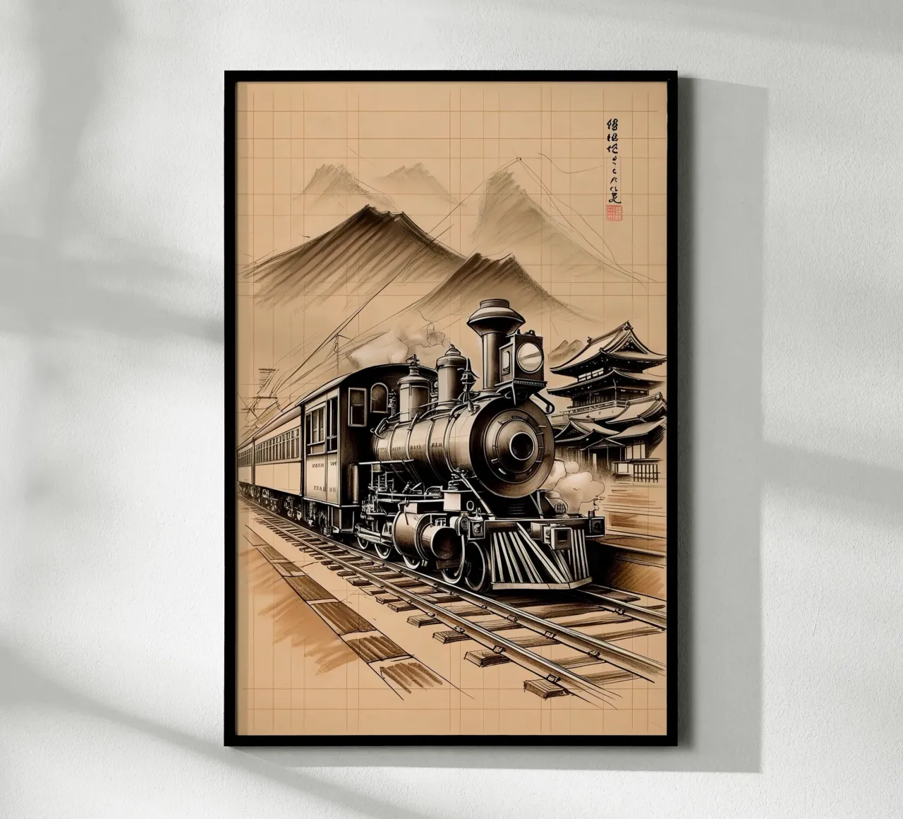 Train Old Style Pencil Sketch poster con telaio in legno da Jeff Studio