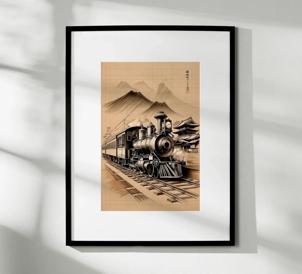 Train Old Style Pencil Sketch poster con telaio in legno da Jeff Studio