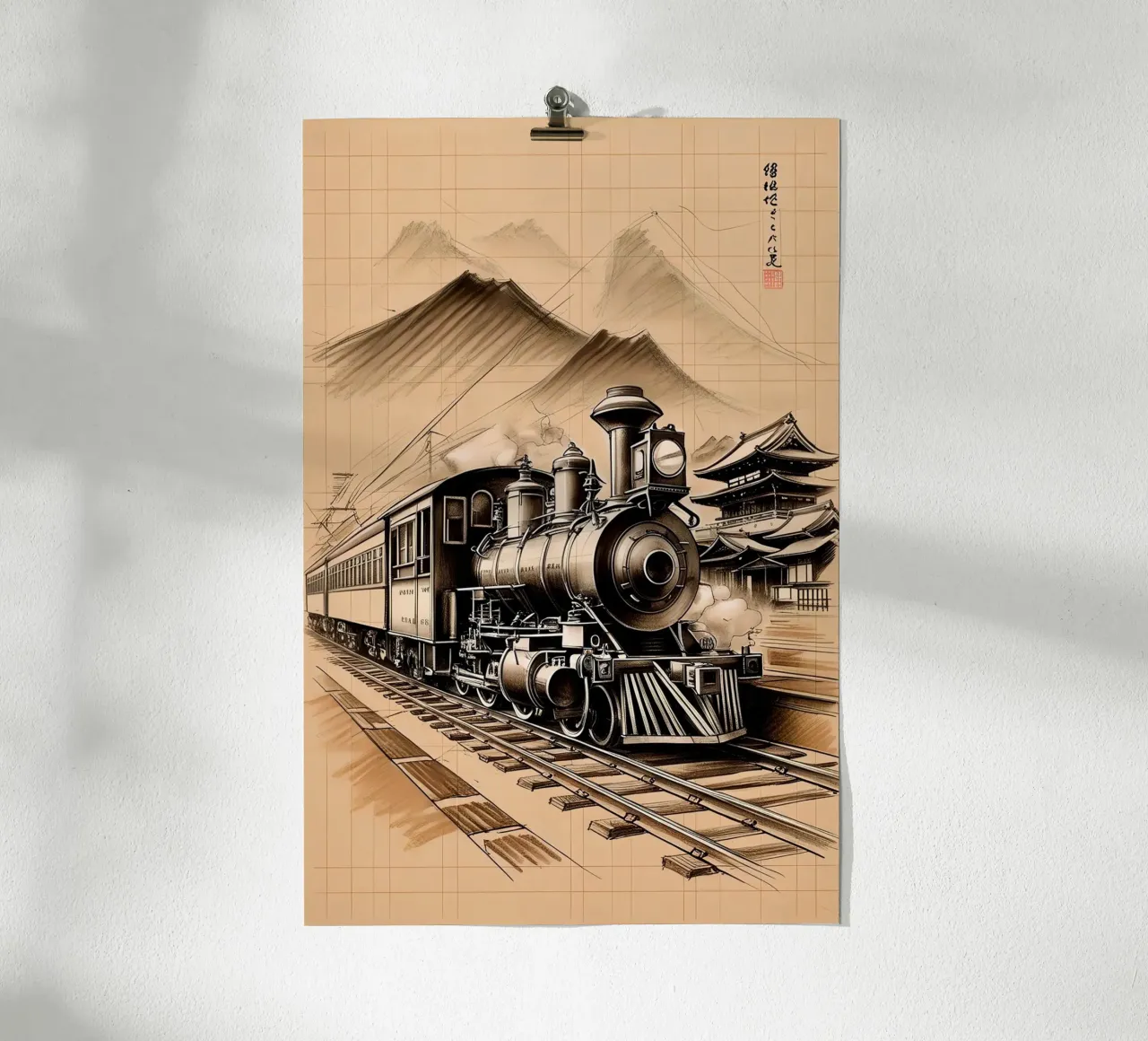 Train Old Style Pencil Sketch poster con telaio in legno da Jeff Studio