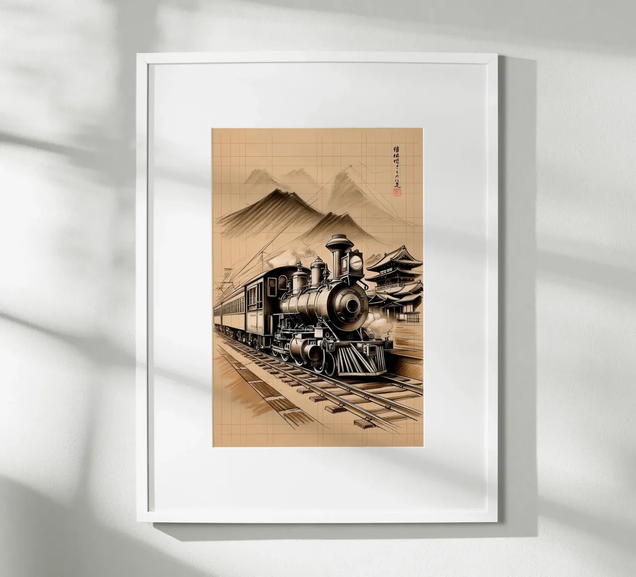 Train Old Style Pencil Sketch poster con telaio in legno da Jeff Studio