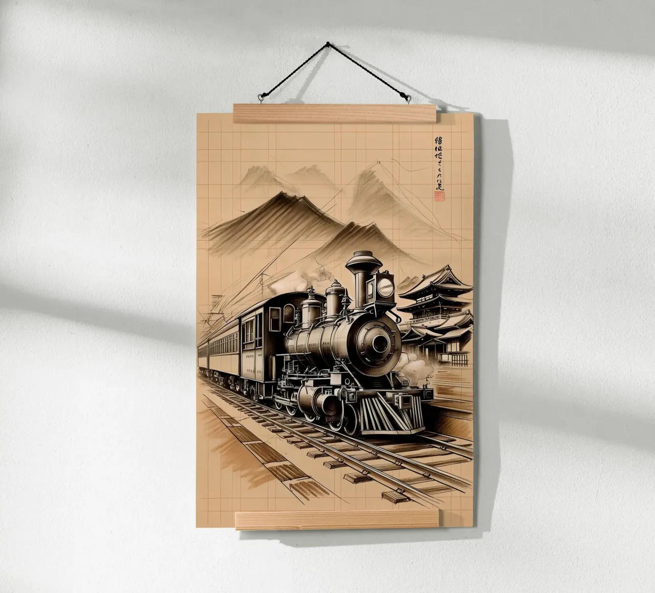Train Old Style Pencil Sketch poster con telaio in legno da Jeff Studio