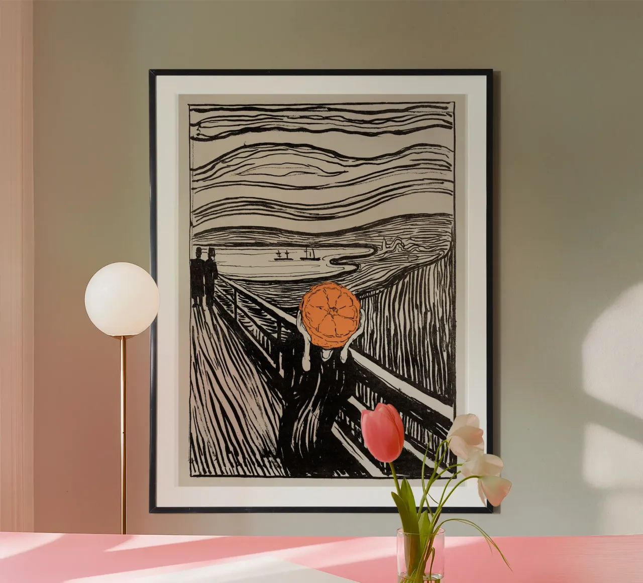 Orange Scream - The Man with Half an Orange for a Head poster con telaio in alluminio da Melty Shirts